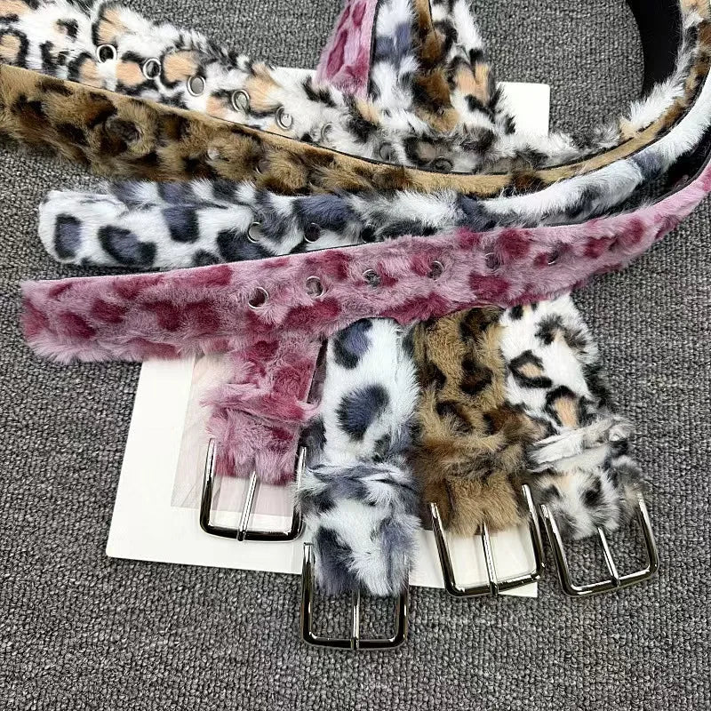 Feral cowgirl leopard faux fur belt photographed for the product listing.