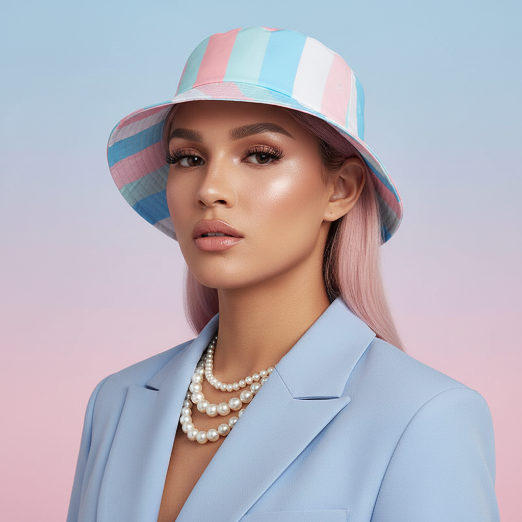 Festie Canopy Bucket Hat in pastel pride stripes, styled with pink hair, a light blue blazer, pearls