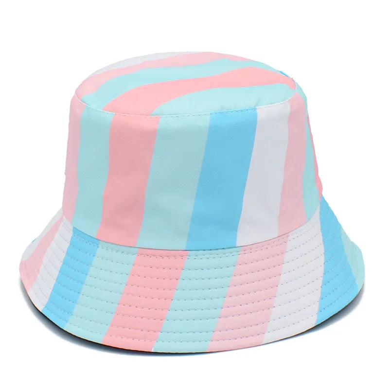 Pastel pink, blue, and white striped bucket hat shown from the front