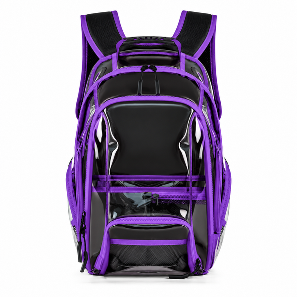 Front view of a transparent black backpack with purple trim and multiple zippered compartments