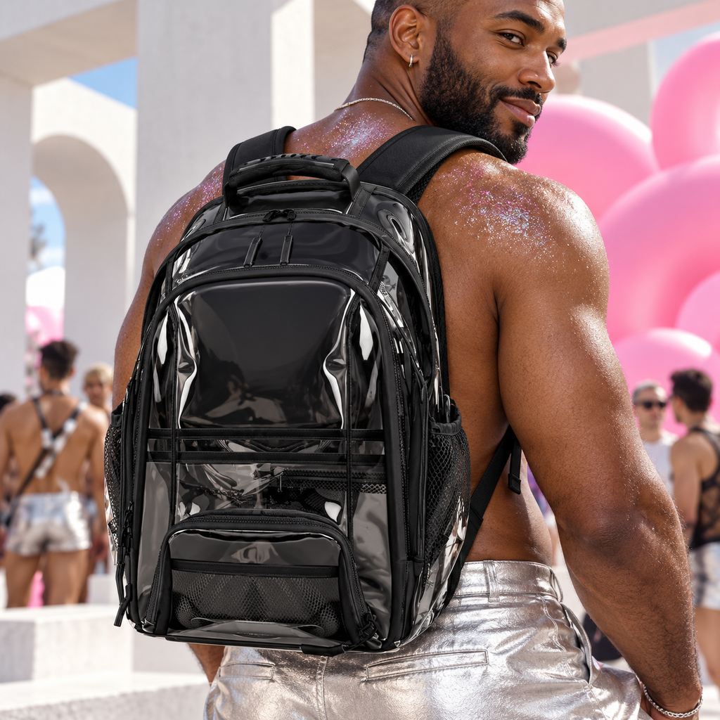 Festival Ready Transparent Backpack, Black; close-up editorial.