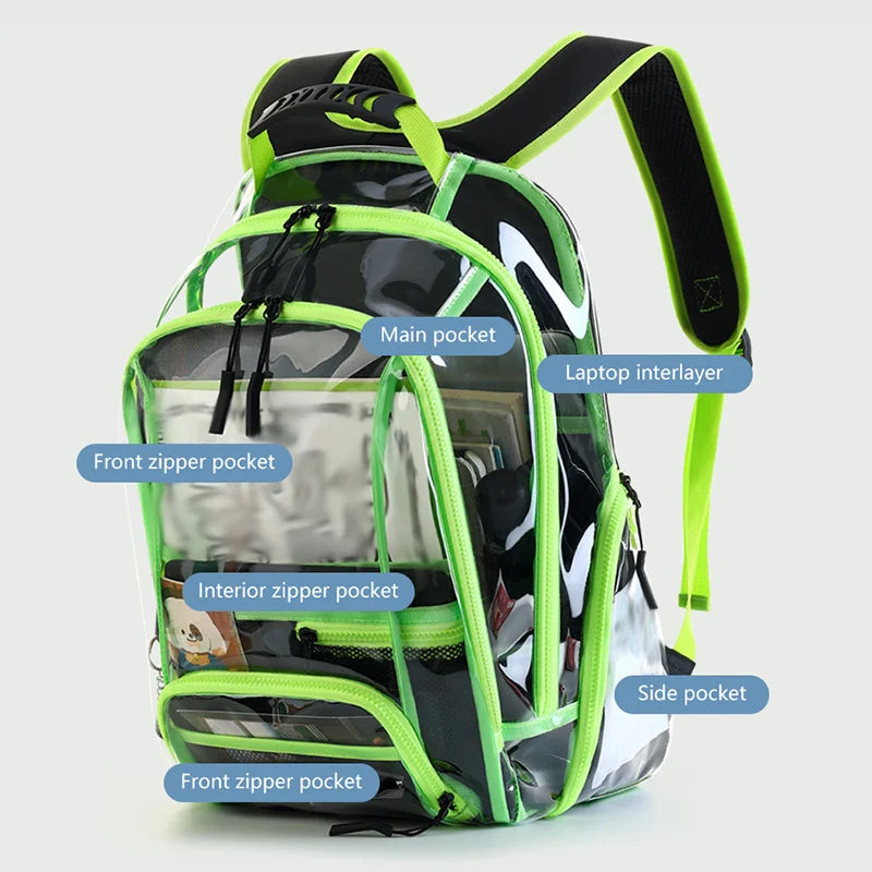 Clear backpack with bright green trim, open compartments, and labeled pockets