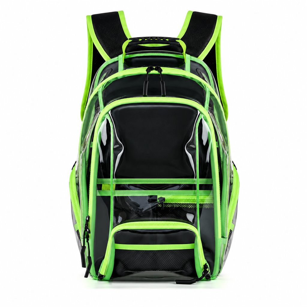 Front view of a transparent black backpack with bright green trim and padded straps