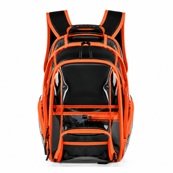 Front-facing transparent black backpack with bright orange trim and multiple zippered compartments