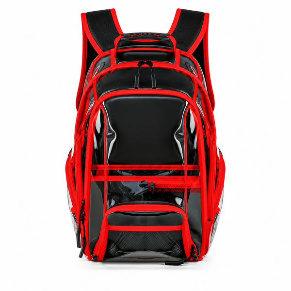 Front view of a transparent black backpack with bright red trim and padded shoulder straps
