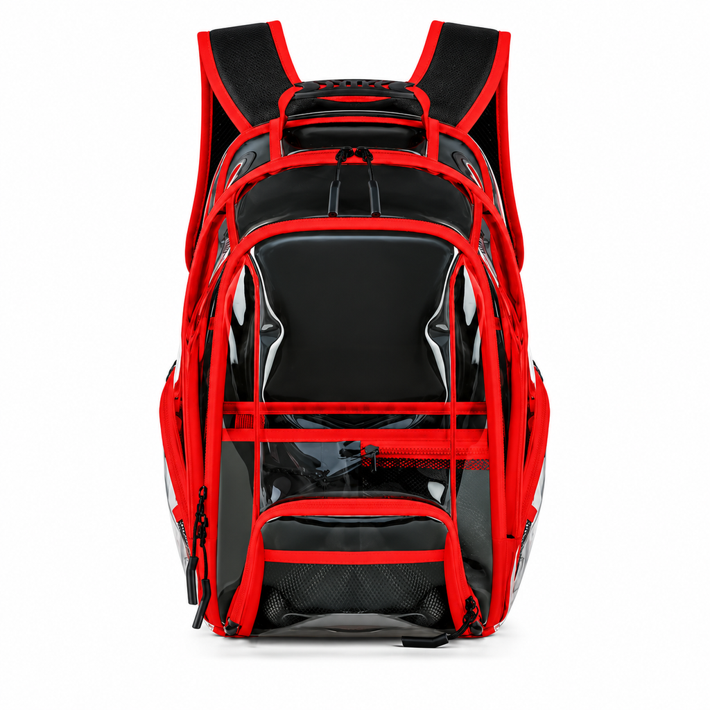 Front view of a transparent black backpack with bright red trim and padded shoulder straps