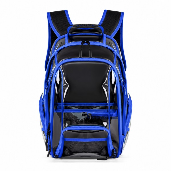 Front view of a transparent black backpack with bright blue trim and multiple pockets