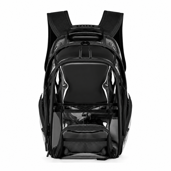 Front view of a black transparent backpack with padded straps and multiple zippered compartments