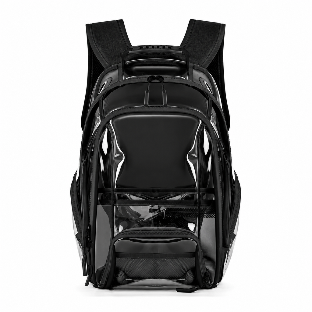 Front view of a black transparent backpack with padded straps and multiple zippered compartments