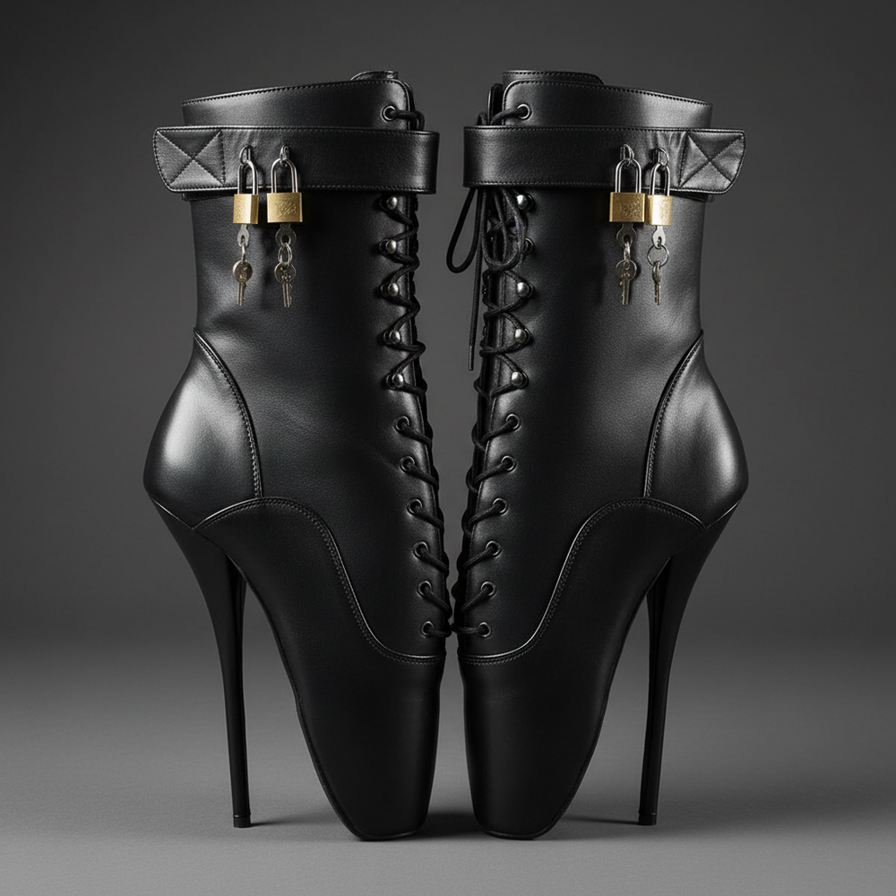 Pair of black fetish ballet boots with ultra-high stiletto heels, laces, straps, and padlocks