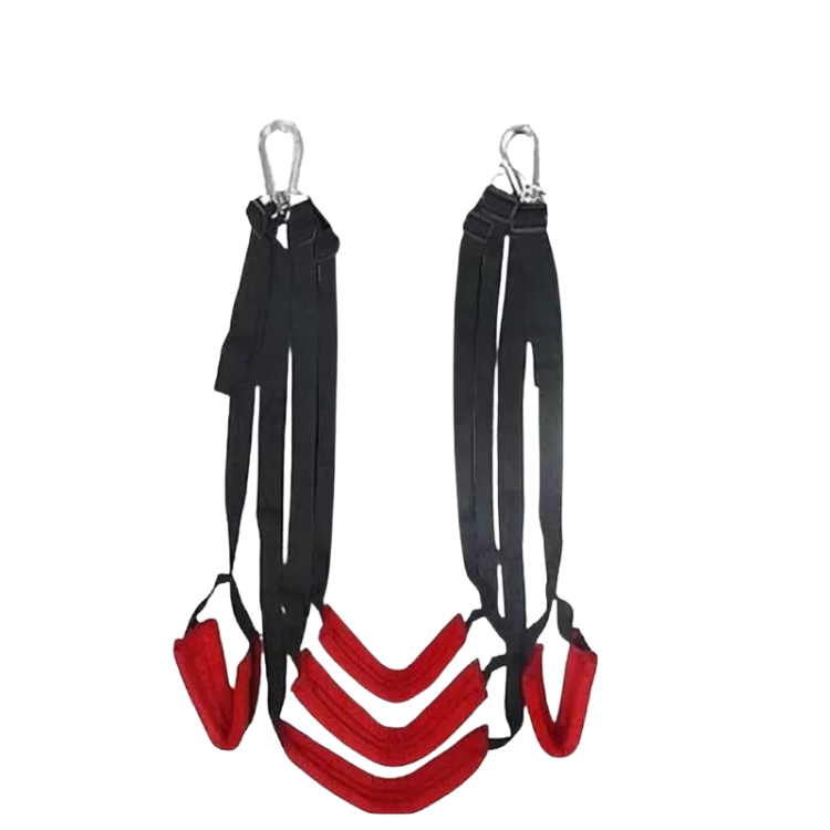 Black-and-red BDSM sex swing with long straps, metal loops, and padded leg supports