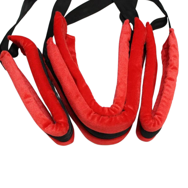 Close-up of a red-and-black padded BDSM sex swing with multiple hanging straps