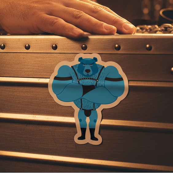 Fetish Gay Bear Bubble-Free Sticker on a metallic surface, showing a bold blue bear in sunglasses and black singlet