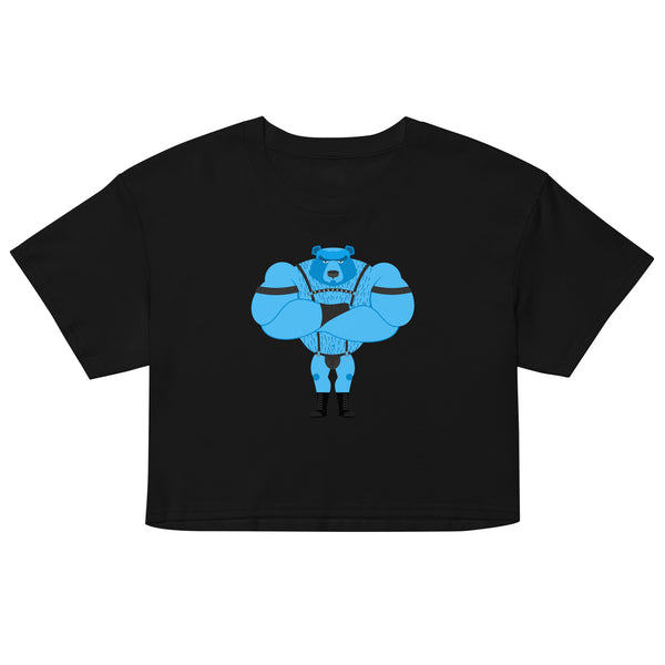 Fetish Gay Bear Crop Top with a flexing blue cartoon bear, worn by a bearded man in a neon alley of queer street art and signs.