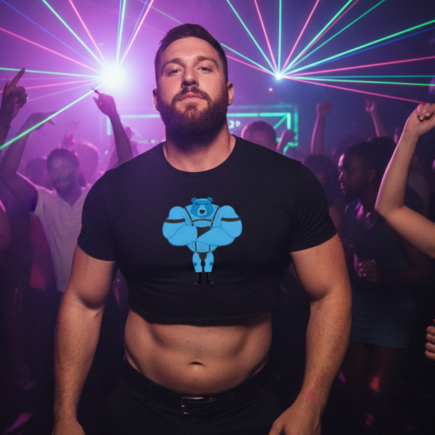 Fetish Gay Bear Crop Top with a bold cartoon blue muscular bear
