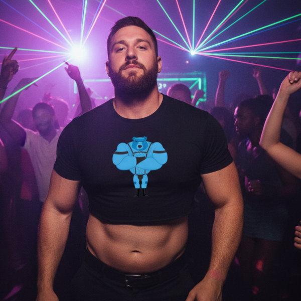 Fetish Gay Bear Crop Top with a bold cartoon blue muscular bear