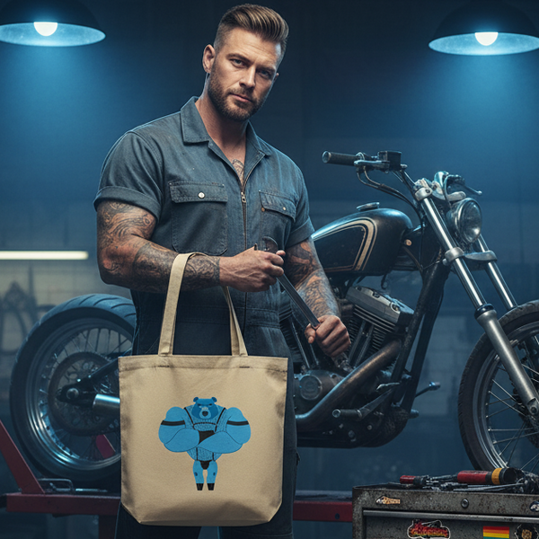 Tattooed person holds a beige tote with a blue bear graphic beside a motorcycle