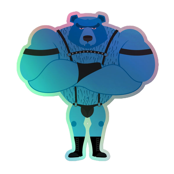 Cartoon blue muscular bear sticker in a black leather harness, briefs, and lace-up boots