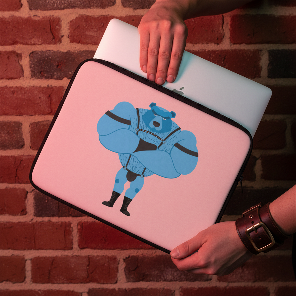 Fetish Gay Bear laptop sleeve with a blue buff bear cartoon striking a tough pose on red brick