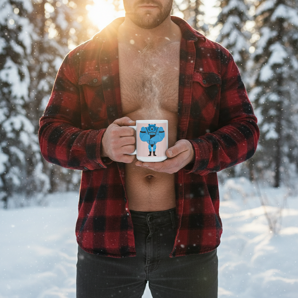 Bearded person in an open plaid shirt holds a white mug with a blue bear illustration in falling snow