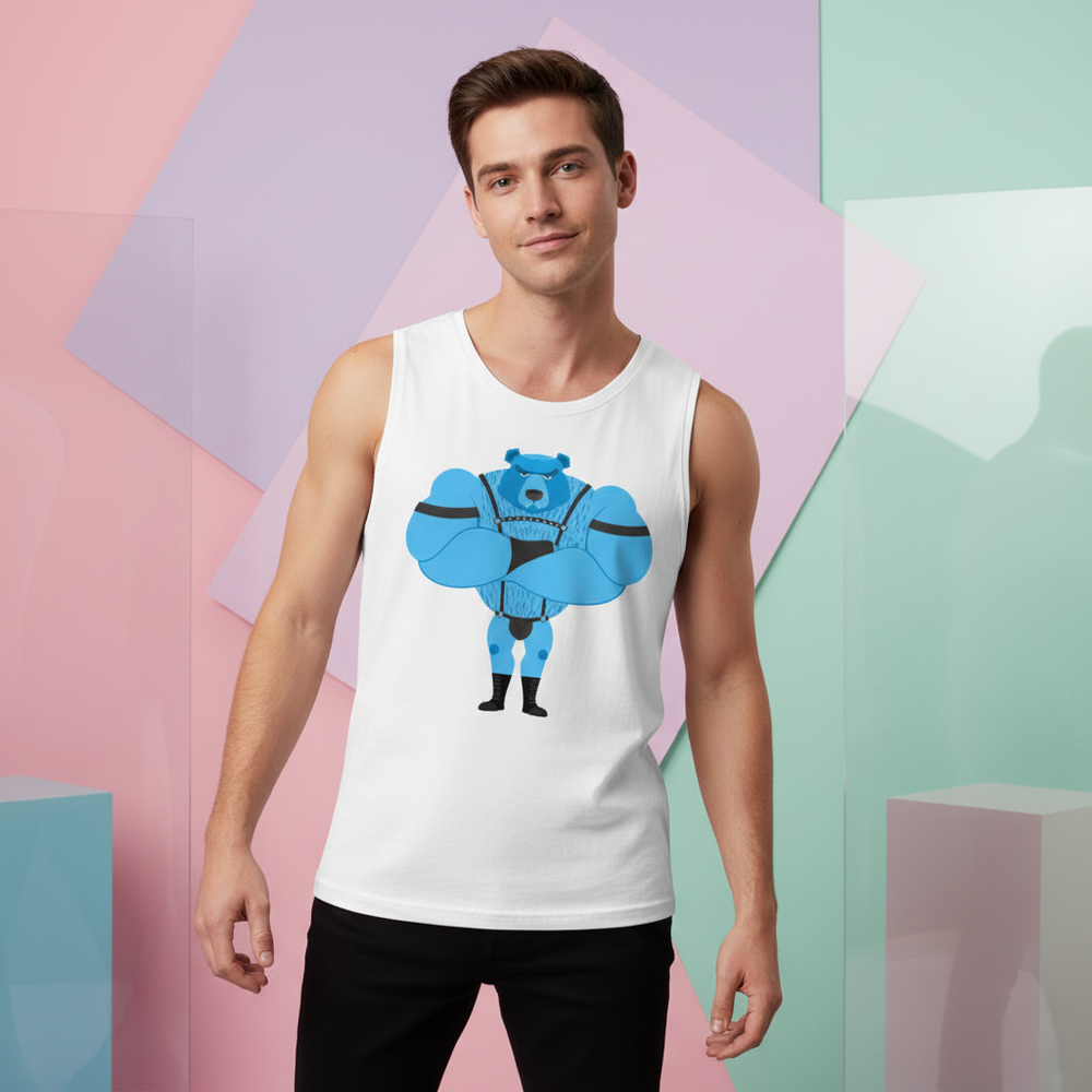 Fetish Gay Bear Muscle Top, a loose-fit tee with blue bear superhero print, worn by a person before pastel pink, blue