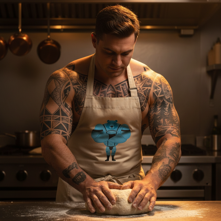 Tattooed person kneads dough in a beige apron with a blue cartoon bear graphic