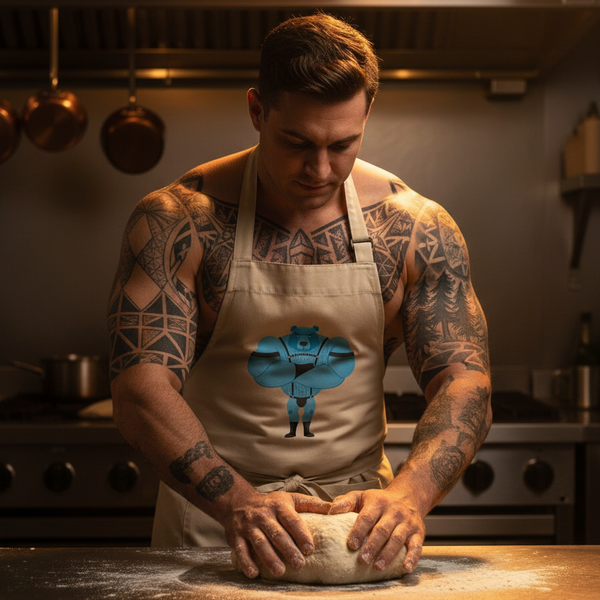 Tattooed person kneads dough in a beige apron with a blue cartoon bear graphic