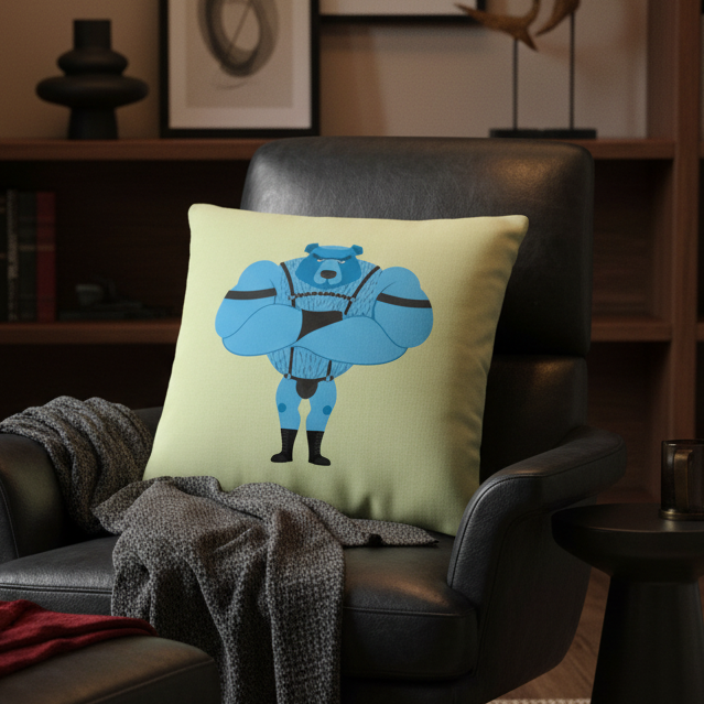 Black leather chair with gray knit blanket and Fetish Gay Bear Pillow showing a blue bear in a leotard