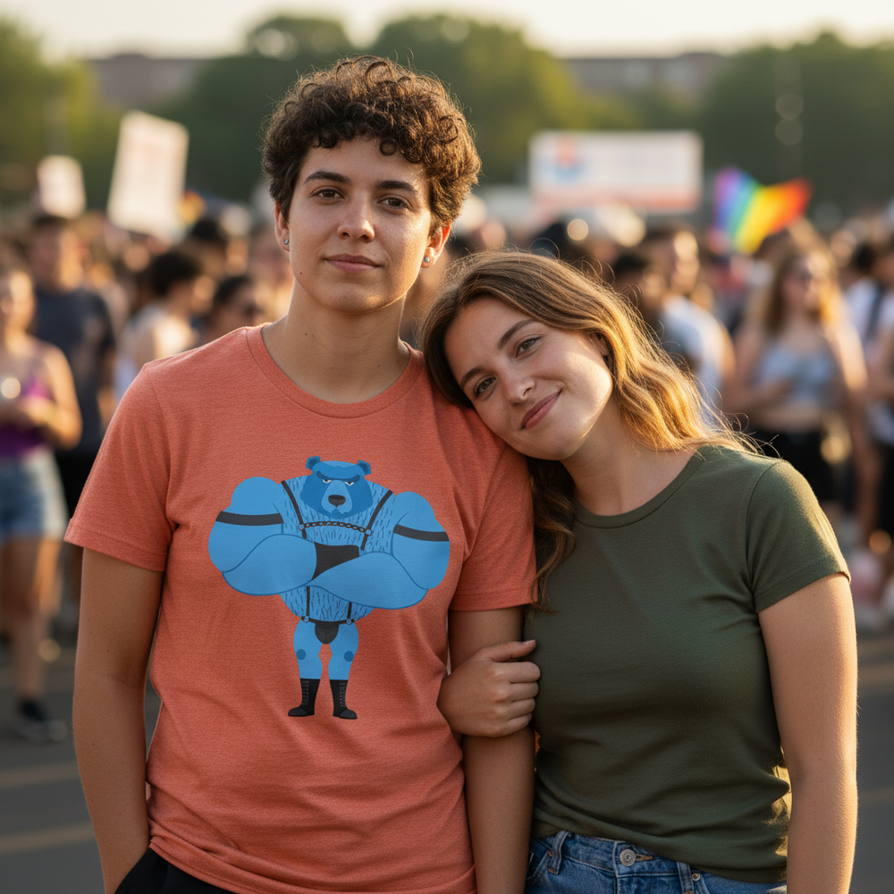 Fetish Gay Bear T-Shirt, orange with blue cartoon bear, worn by a person beside a person in green