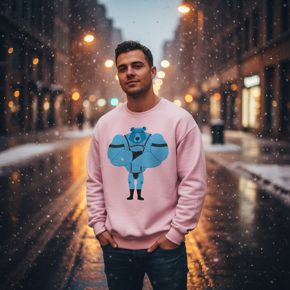 Person wearing a pink sweatshirt with a blue muscular bear in fetish gear on a snowy city street
