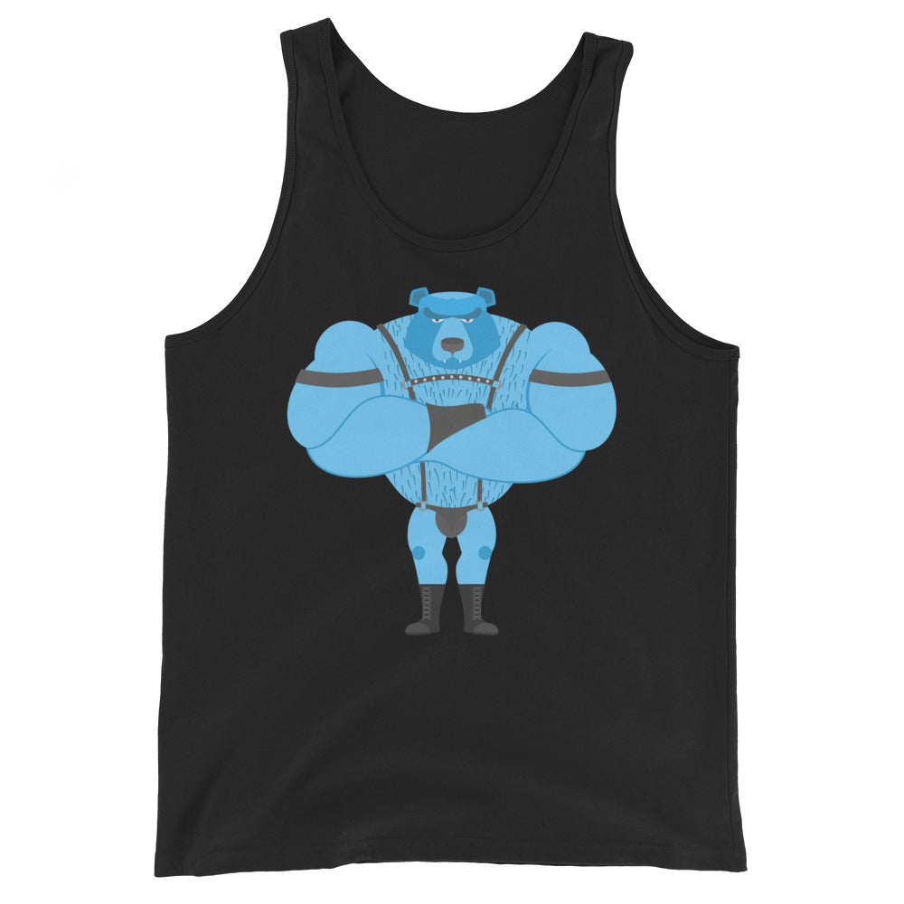 Front view of a black tank top with a blue muscular bear in leather-style fetish gear