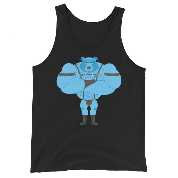 Front view of a black tank top with a blue muscular bear in leather-style fetish gear
