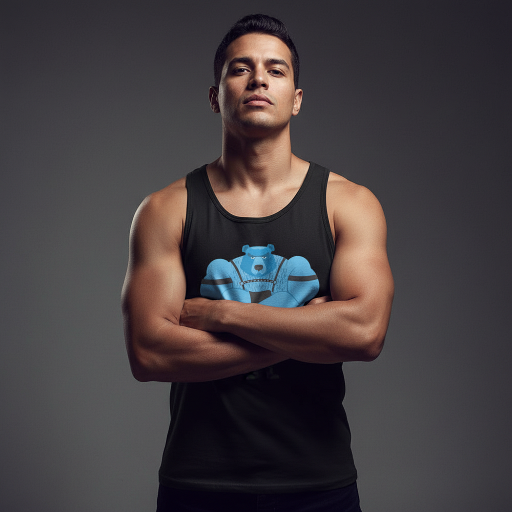 Fetish Gay Bear Unisex Tank Top in dark olive, blue cartoon bear graphic; masc guy with short dark hair stands arms crossed.
