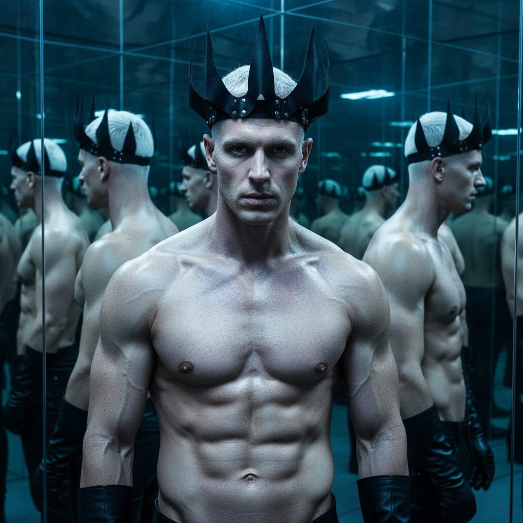 Shirtless, muscular person with short blond hair wears Fetish Queen BDSM Crown and black gloves