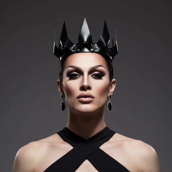 Front-facing model wearing a black pointed BDSM crown with silver studs