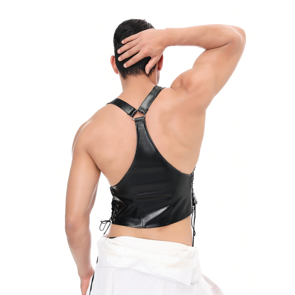 Back view of a model wearing a black faux-leather strappy vest with side lacing