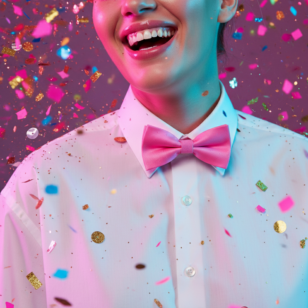 Close-up of a smiling person wearing a pink bow tie with a white dress shirt amid confetti