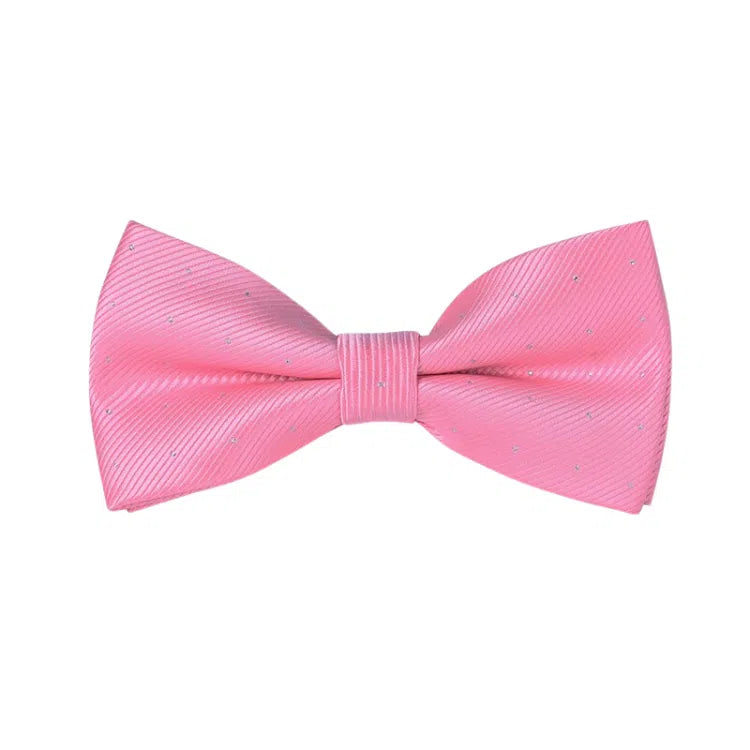 Front-facing pink butterfly bow tie with fine diagonal texture and scattered silver dots