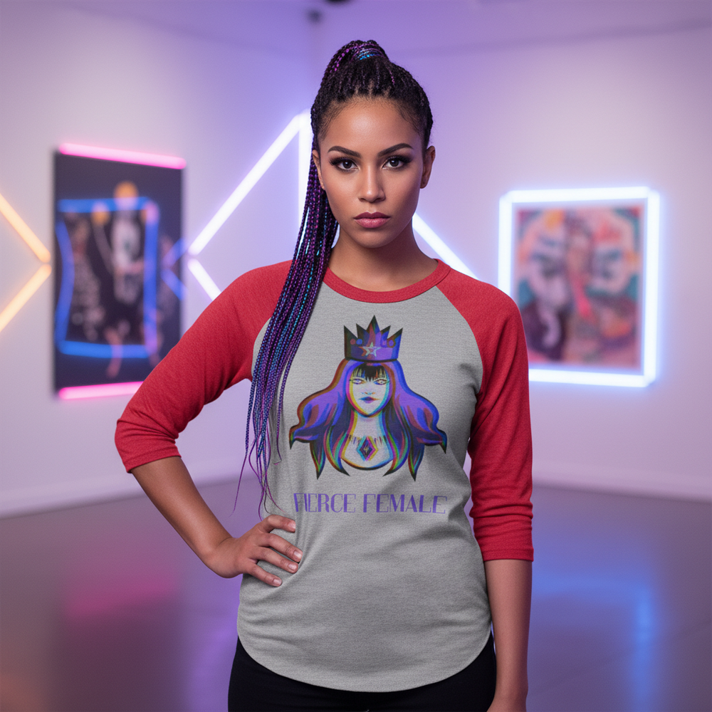 Fierce Female 3/4 sleeve raglan shirt with crowned illustrated person