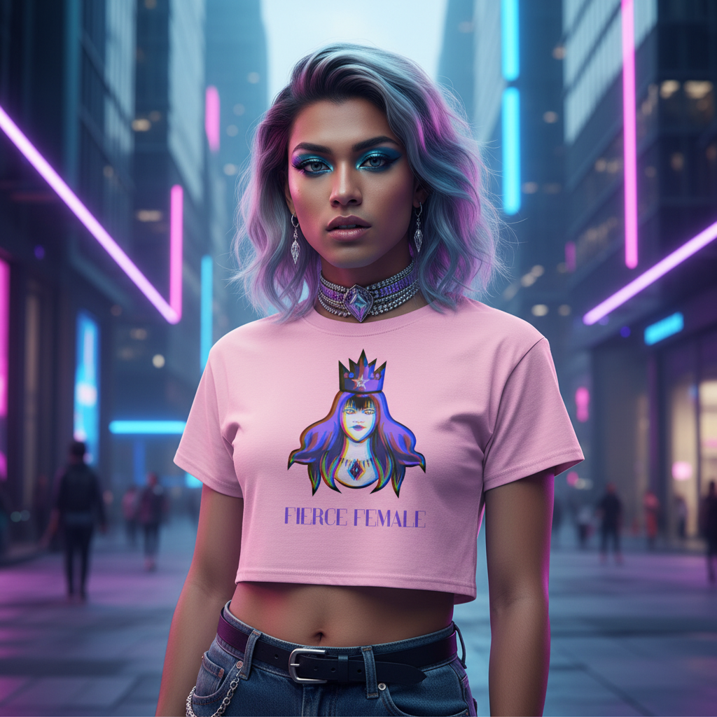 Fierce Female Crop Top with a crowned queen graphic, rocked by a queer femme in neon city lights