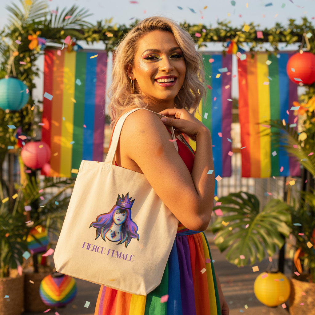 Fierce Female Eco Tote Bag with “FIERCE FEMALE” and crowned person illustration