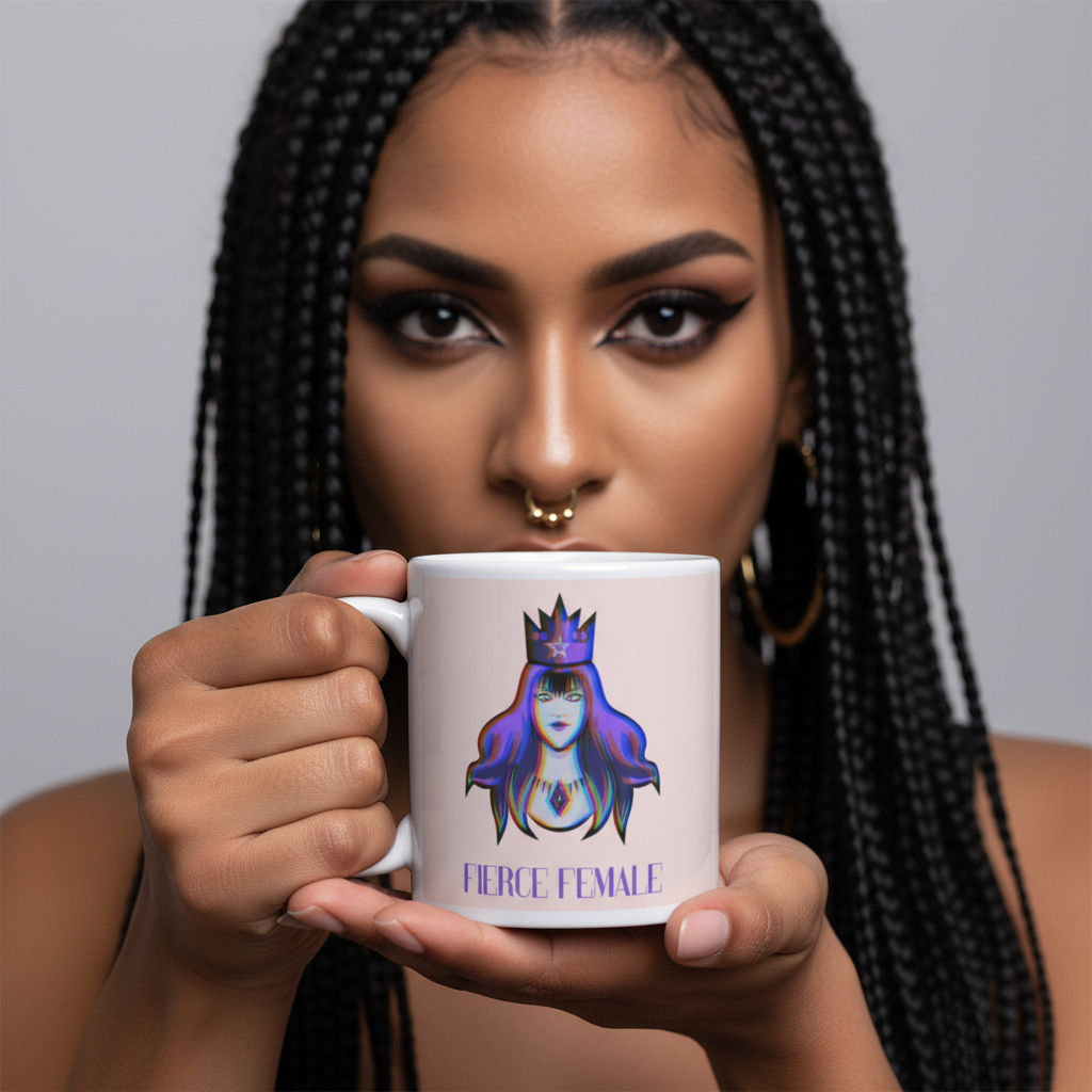 Person with long braids holds a mug showing a crowned person and “FIERCE FEMALE.”