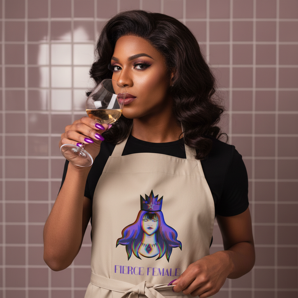 Model wearing a beige apron with a crowned purple-haired figure and “FIERCE FEMALE” text