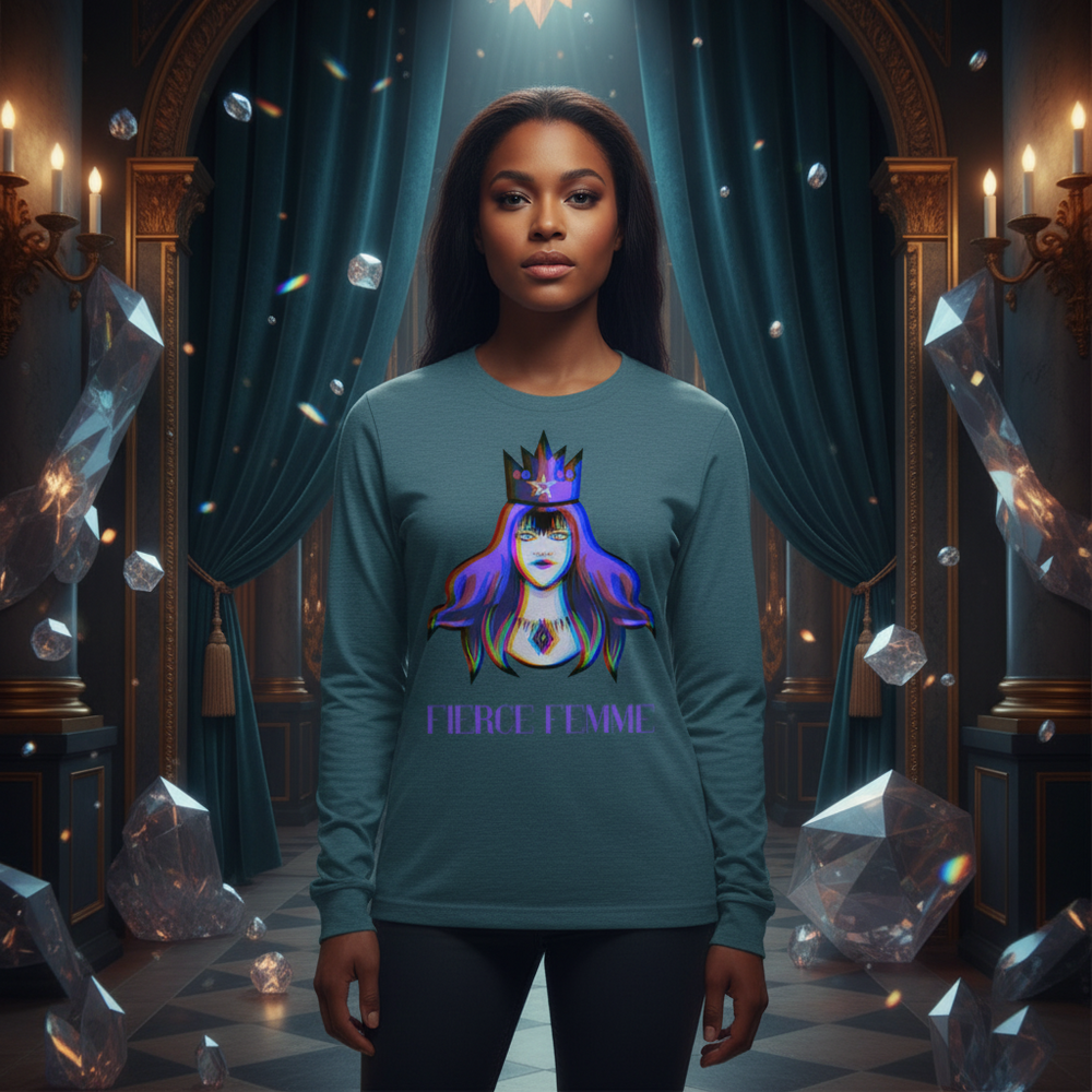 Fierce Female Unisex Long Sleeve Tee in a candlelit room with teal curtains