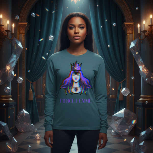 Fierce Female Unisex Long Sleeve Tee in a candlelit room with teal curtains