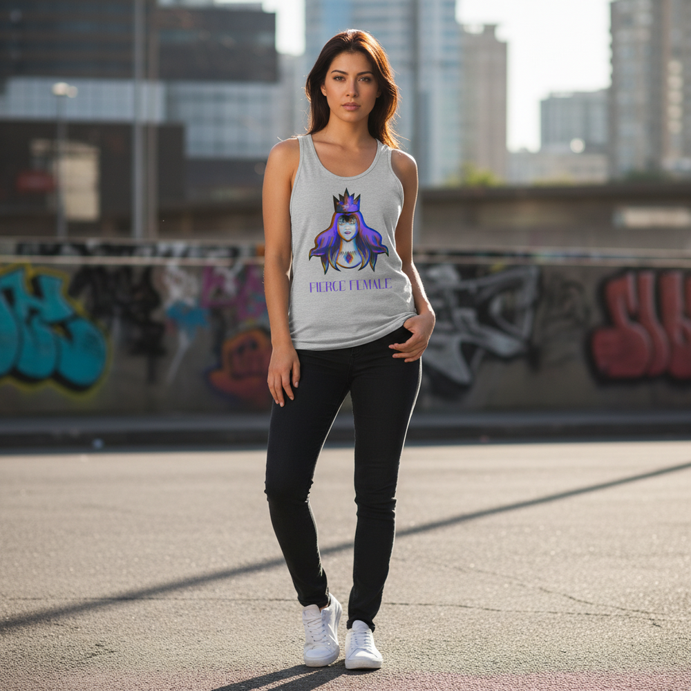 Fierce Female Unisex Tank Top with a crowned person illustration and “FIERCE FEMALE” slogan