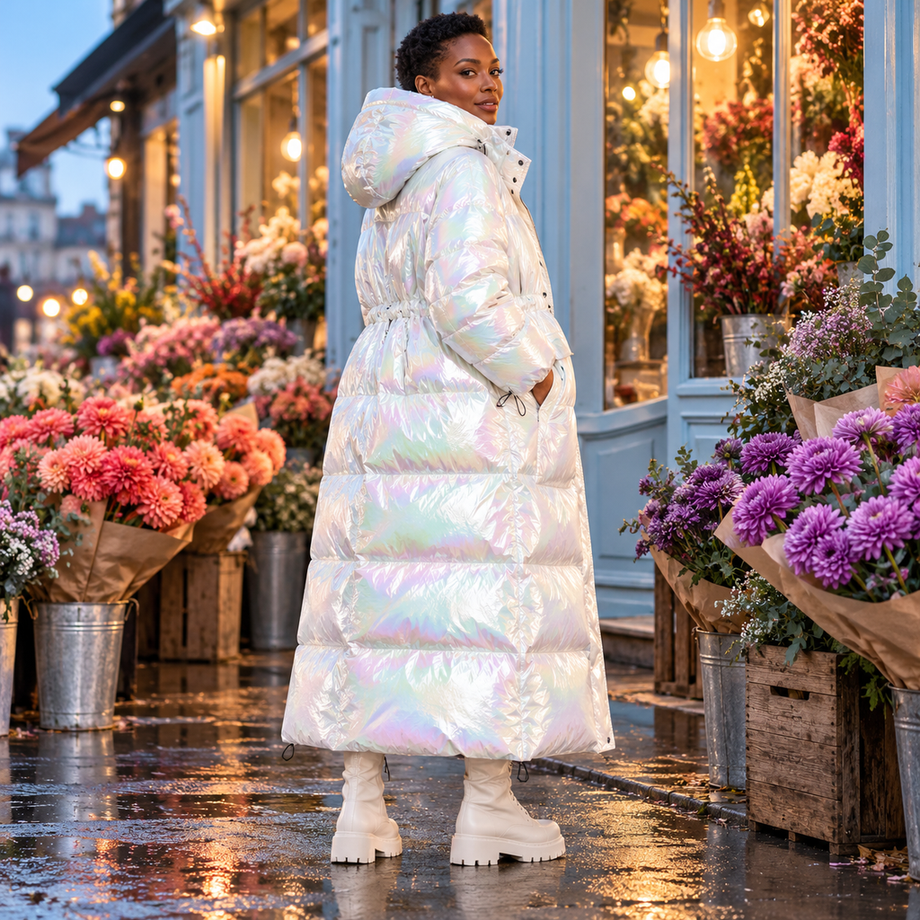 Adult model wearing a white iridescent hooded puffer coat outside a flower shop.