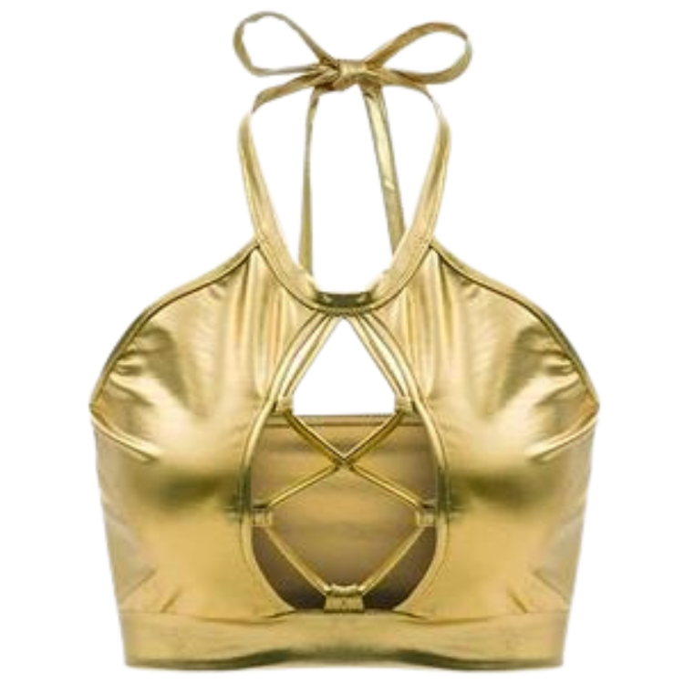 Front view of a metallic gold halter crop top with a tie neck and lace-up cutout