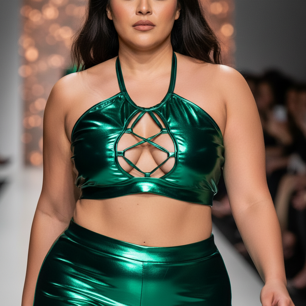 Front view of a model wearing a metallic green halter crop top with a strappy cutout front