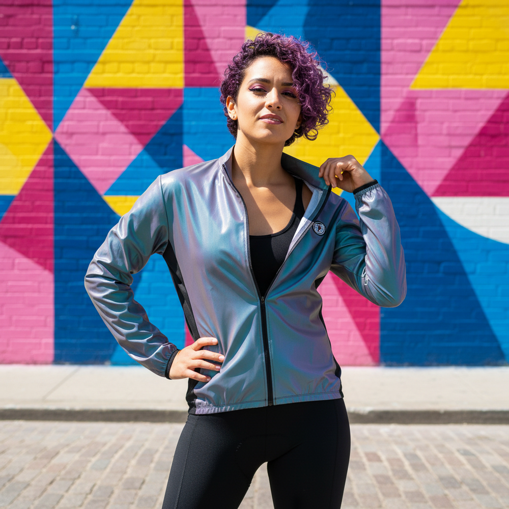 Model wearing a shiny silver zip-front jacket over black clothing before a colorful geometric mural